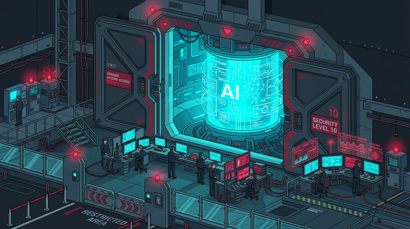 Flat isometric illustration of a massive glowing AI core behind reinforced blast doors marked with layered security barriers, red warning lights flashing as tiny security analysts monitor escalating threat gauges, dark charcoal background, clean vector art style, cyan and crimson color palette, modern cybersecurity editorial aesthetic Flat isometric illustration of a massive glowing AI core behind reinforced blast doors marked with layered security barriers, red warning lights flashing as tiny security analysts monitor escalating threat gauges, dark charcoal background, clean vector art style, cyan and crimson color palette, modern cybersecurity editorial aesthetic