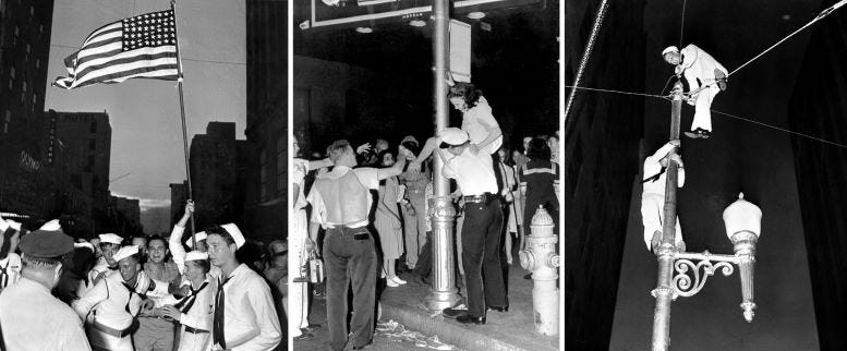 Figure 2: A compilation of photographs of Flagler Street, later in the evening, as servicemen and women celebrate in their own creative way. Courtesy of Florida State Archives. Figure 2: A compilation of photographs of Flagler Street, later in the evening, as servicemen and women celebrate in their own creative way. Courtesy of Florida State Archives.