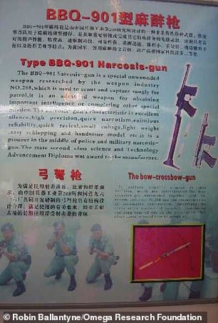 More recently, China has been developing a 'narcosis-gun' designed to deliver mind-altering chemicals. Pictured: Poster for 'BBQ-901 narcosis gun' on display on State 9616 Plant stand at Asia Pacific China Police Expo 2006 More recently, China has been developing a 'narcosis-gun' designed to deliver mind-altering chemicals. Pictured: Poster for 'BBQ-901 narcosis gun' on display on State 9616 Plant stand at Asia Pacific China Police Expo 2006
