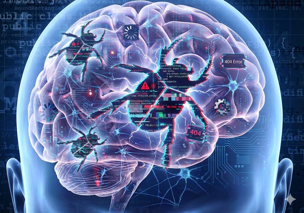 Digital bugs and 404 error codes inside a human brain Digital bugs and 404 error codes inside a human brain
