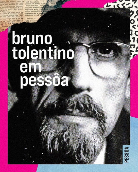 Collage-style artwork featuring a close-up portrait of a man with glasses, beard, and thoughtful expression, overlaid with repeated text Bruno Tolentino em pessoa in pink and blue fonts, surrounded by geometric patterns, newspaper clippings, and abstract elements in a vibrant, artistic composition. Collage-style artwork featuring a close-up portrait of a man with glasses, beard, and thoughtful expression, overlaid with repeated text Bruno Tolentino em pessoa in pink and blue fonts, surrounded by geometric patterns, newspaper clippings, and abstract elements in a vibrant, artistic composition.