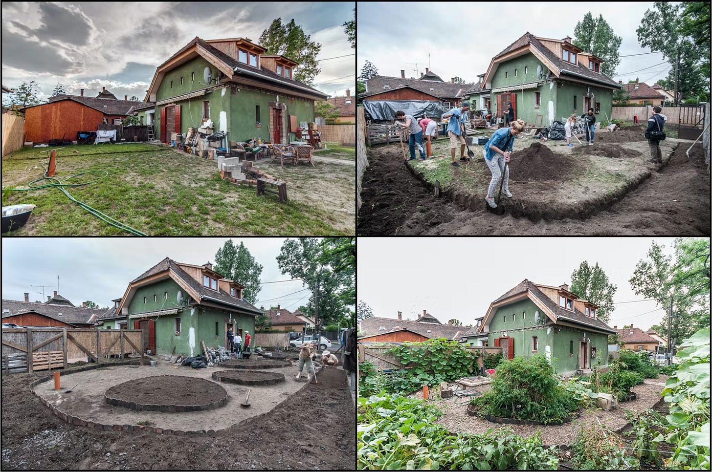 A grid of four images of the same house, initially with an unkempt expanse of lawn, and then gradually turned into a beautiful vegetable garden, with a circular path winding through it.