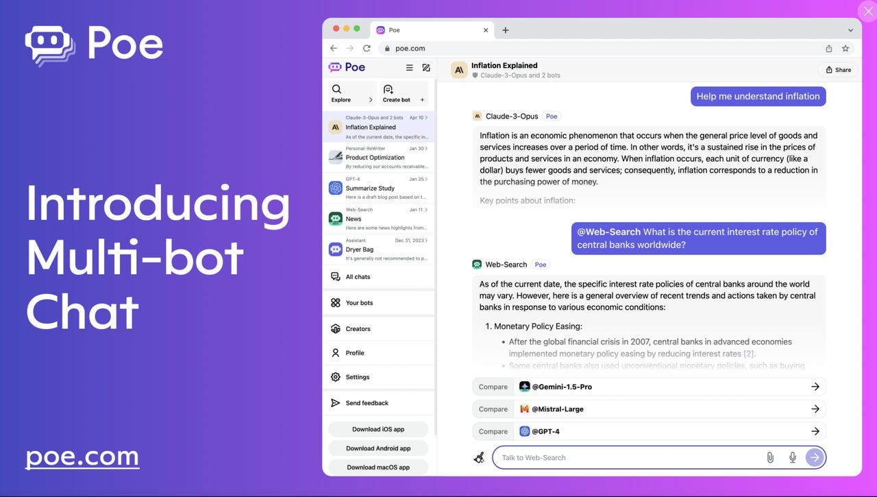 You can now use Quora's Poe to chat with multiple LLMs at the same time |  ZDNET