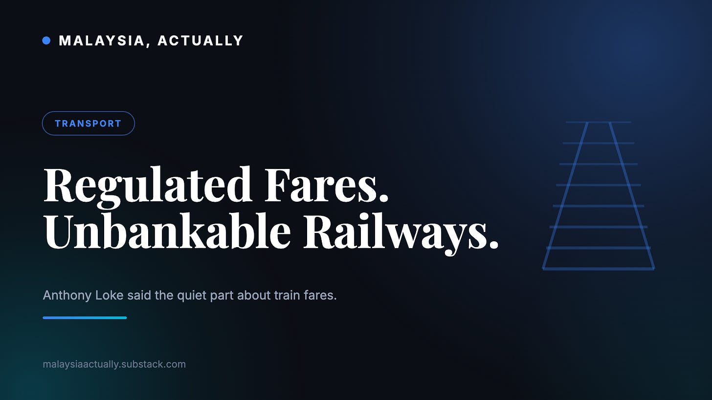 Blue title card reading Regulated Fares Unbankable Railways, with converging rail tracks and the Malaysia, Actually masthead Blue title card reading Regulated Fares Unbankable Railways, with converging rail tracks and the Malaysia, Actually masthead