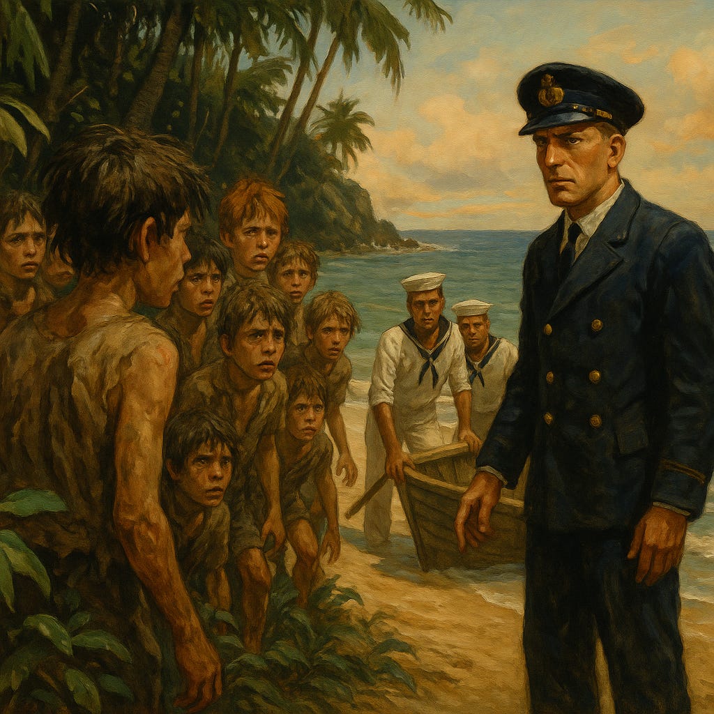 AI-generated digital painting inspired by the final scene of Lord of the Flies, showing a naval officer arriving on a beach as feral boys emerge from the jungle. Symbolic image of lost innocence, civilization's collapse, and the return of adult order. Ideal for Substack essays on human nature, power, and societal breakdown.