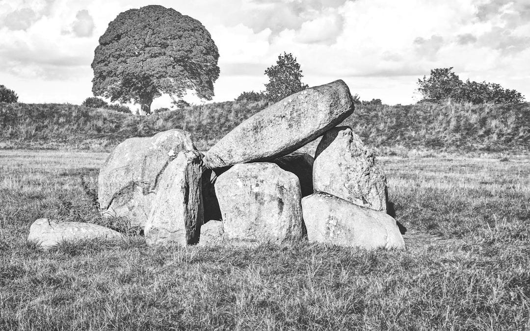 a pile of rocks sitting on top of a lush green field a pile of rocks sitting on top of a lush green field