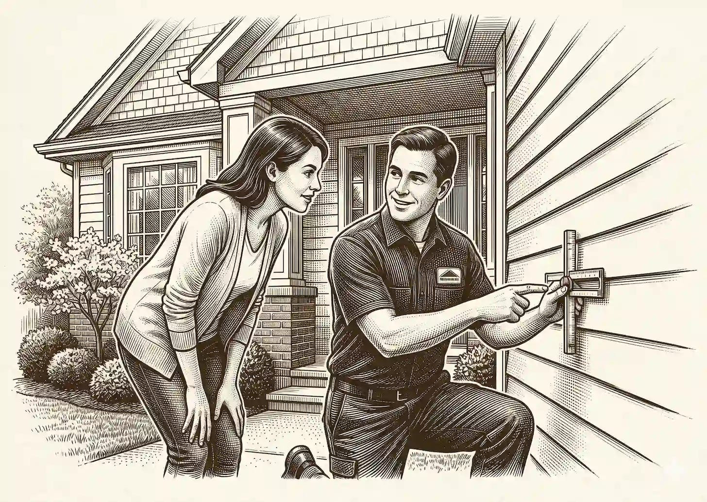 a siding installation technician explains what he is doing to the female homeowner