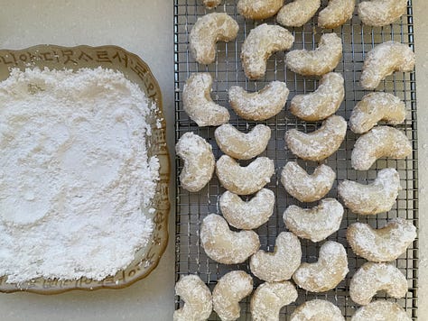 Three  photos showing stages of baking cookies, from batter through shaping and rolling in powdered sugar