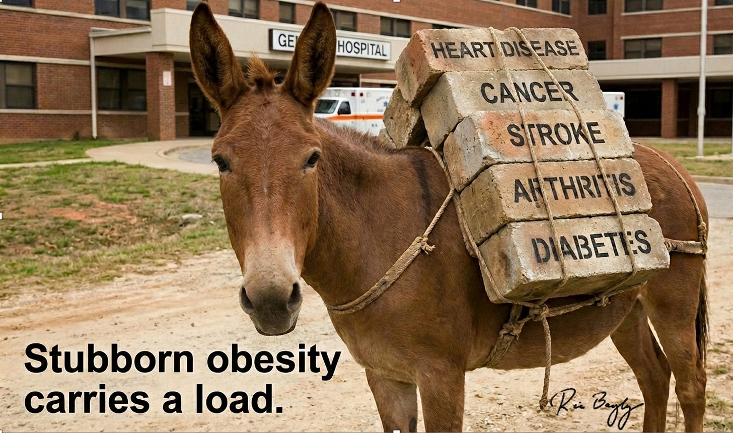 A mule stands in front of a hospital. He is looking at us. On his back he carries a load of huge bricks labeled "Heart disease," "Cancer," "Arthritis," "Stroke," and "Diabetes." The caption says "Stubborn obesity carries a load."