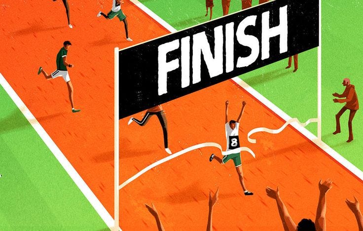 This may contain: a group of people playing a game of tennis on an orange and green court with the words finish above it