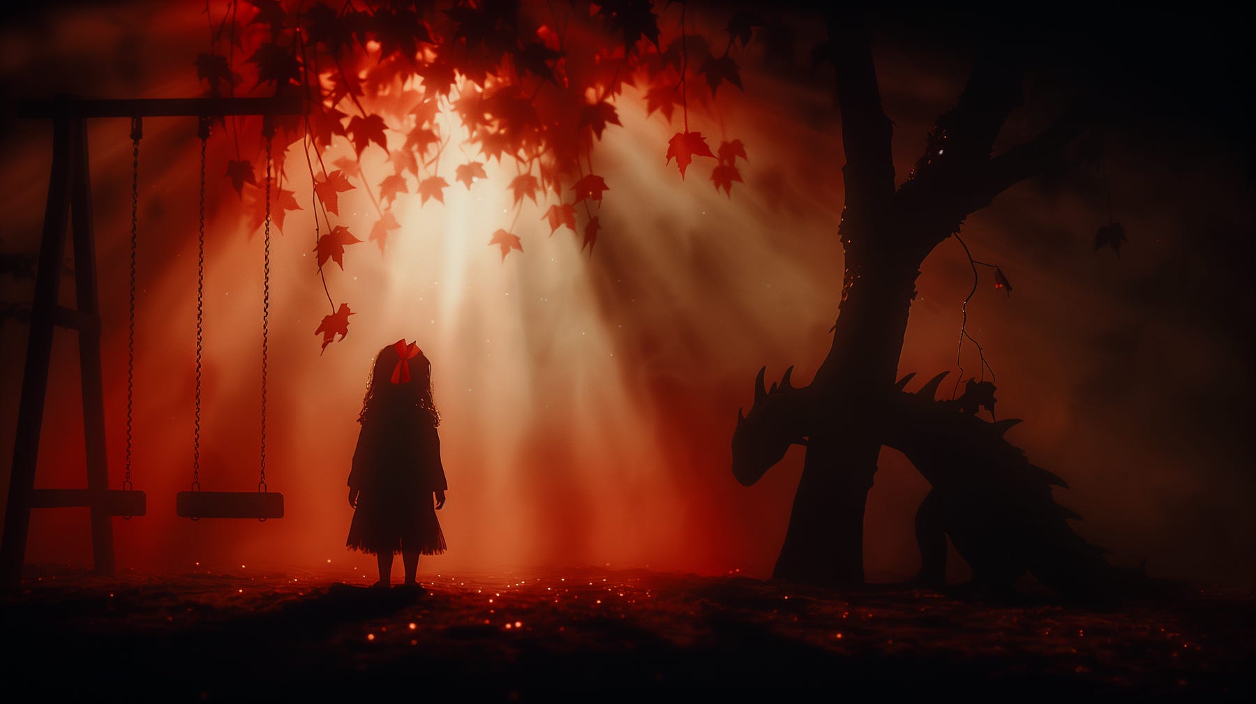 A silhouette of a child with a red bow faces a dragon-like creature in a mystical forest, bathed in an eerie red glow. The scene includes light filtering through the leaves, illuminating a swing set, evoking fantasy and mystery.