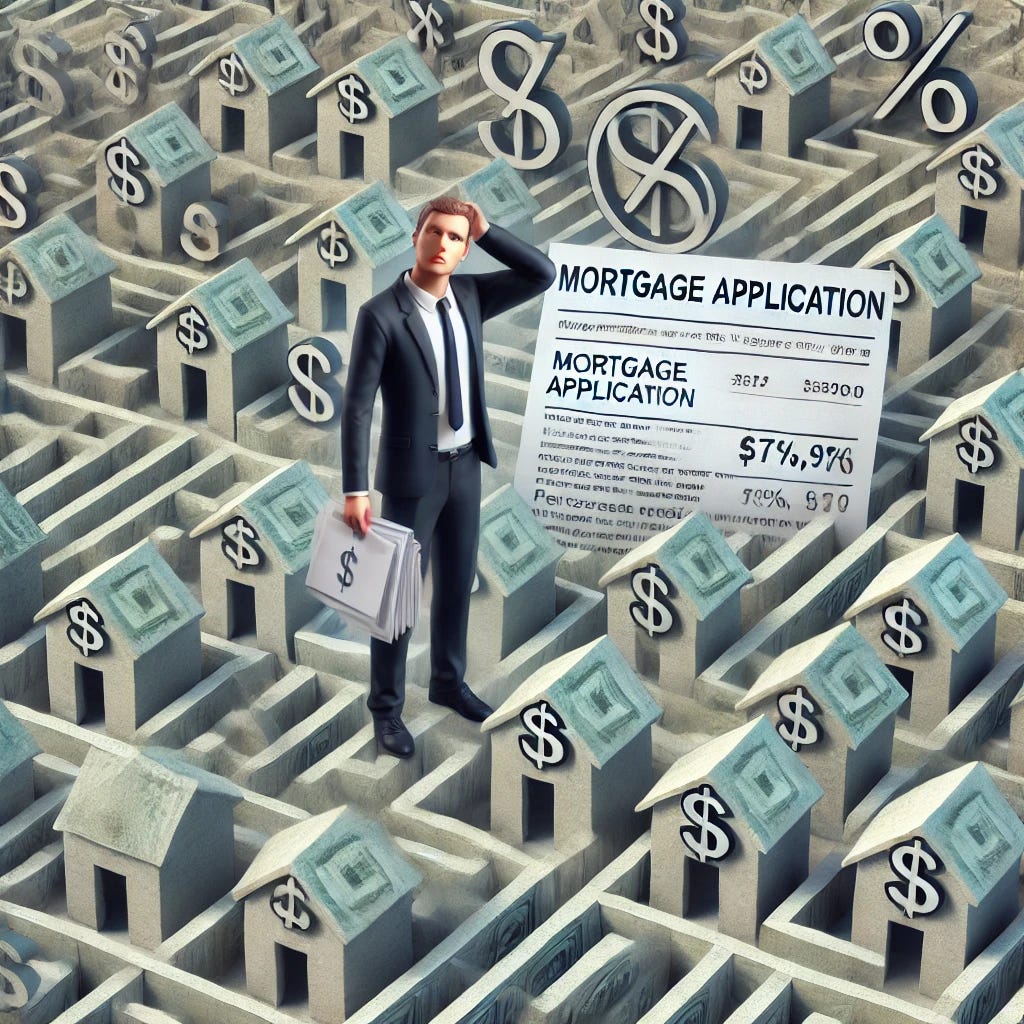 A detailed image illustrating the concept of a 'Mortgage Maze'. The image shows a complex, labyrinth-like structure made of house-shaped blocks and financial symbols (dollar signs, percentage signs, etc.). In the center of the maze, a person (gender-neutral, professional attire) is looking confused while holding a stack of papers labeled 'Mortgage Application'. The background includes a subtle cityscape, indicating a real estate context. The overall tone should be slightly challenging but hopeful, symbolizing the intricate process of securing a mortgage. A detailed image illustrating the concept of a 'Mortgage Maze'. The image shows a complex, labyrinth-like structure made of house-shaped blocks and financial symbols (dollar signs, percentage signs, etc.). In the center of the maze, a person (gender-neutral, professional attire) is looking confused while holding a stack of papers labeled 'Mortgage Application'. The background includes a subtle cityscape, indicating a real estate context. The overall tone should be slightly challenging but hopeful, symbolizing the intricate process of securing a mortgage.