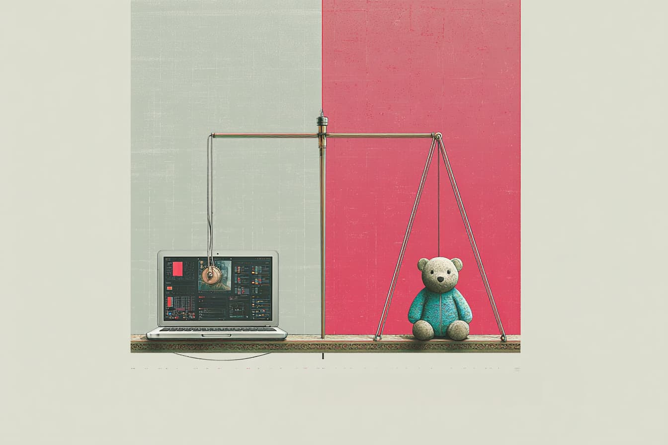 A balanced scale holding a laptop on one side and a child’s stuffed toy on the other, symbolizing work-life balance.