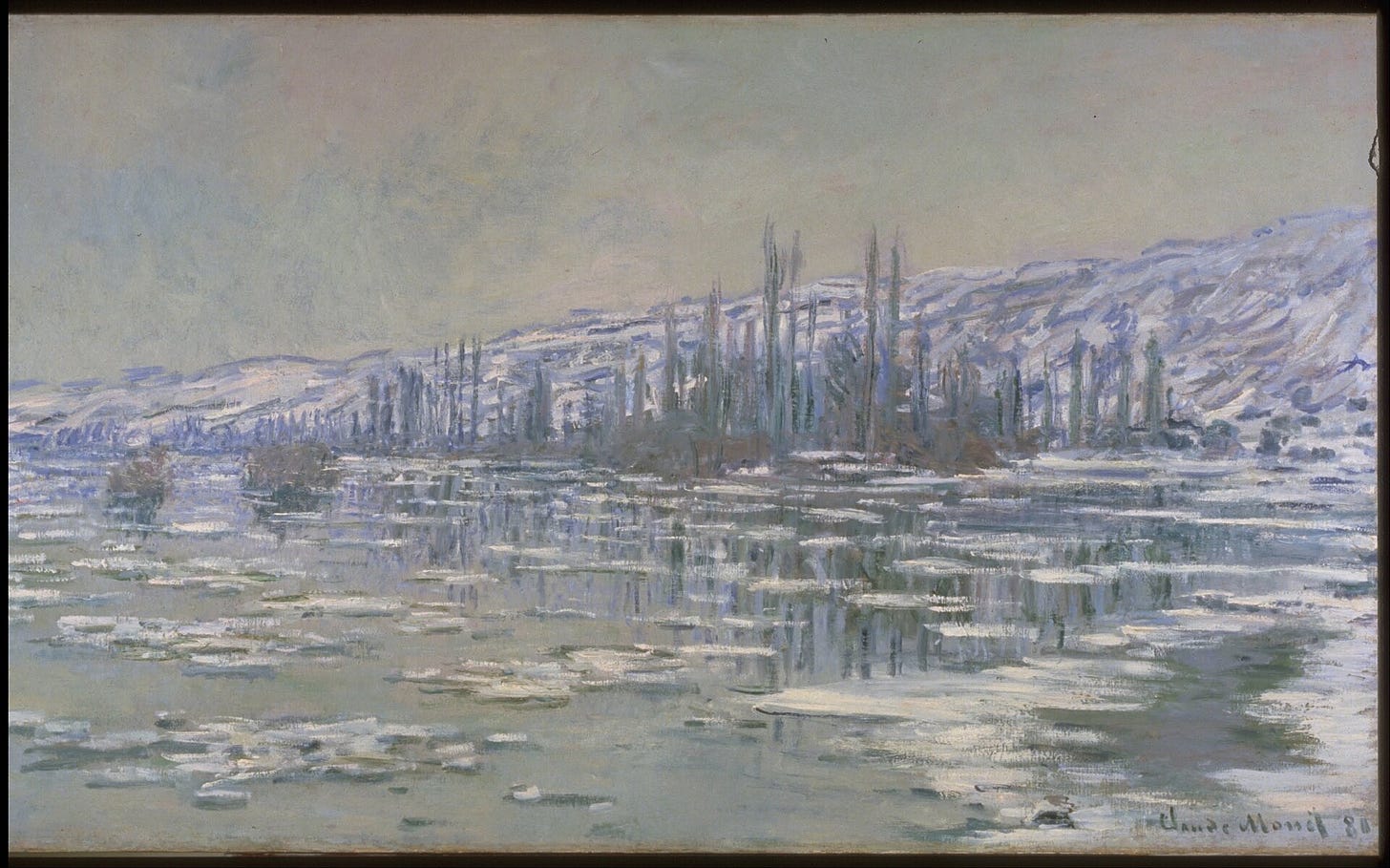 Broken slabs of white ice crowd a wide river that recedes to the left, with snowy hills and a row of trees reflected in vertical streaks of mauve and green. Broken slabs of white ice crowd a wide river that recedes to the left, with snowy hills and a row of trees reflected in vertical streaks of mauve and green.
