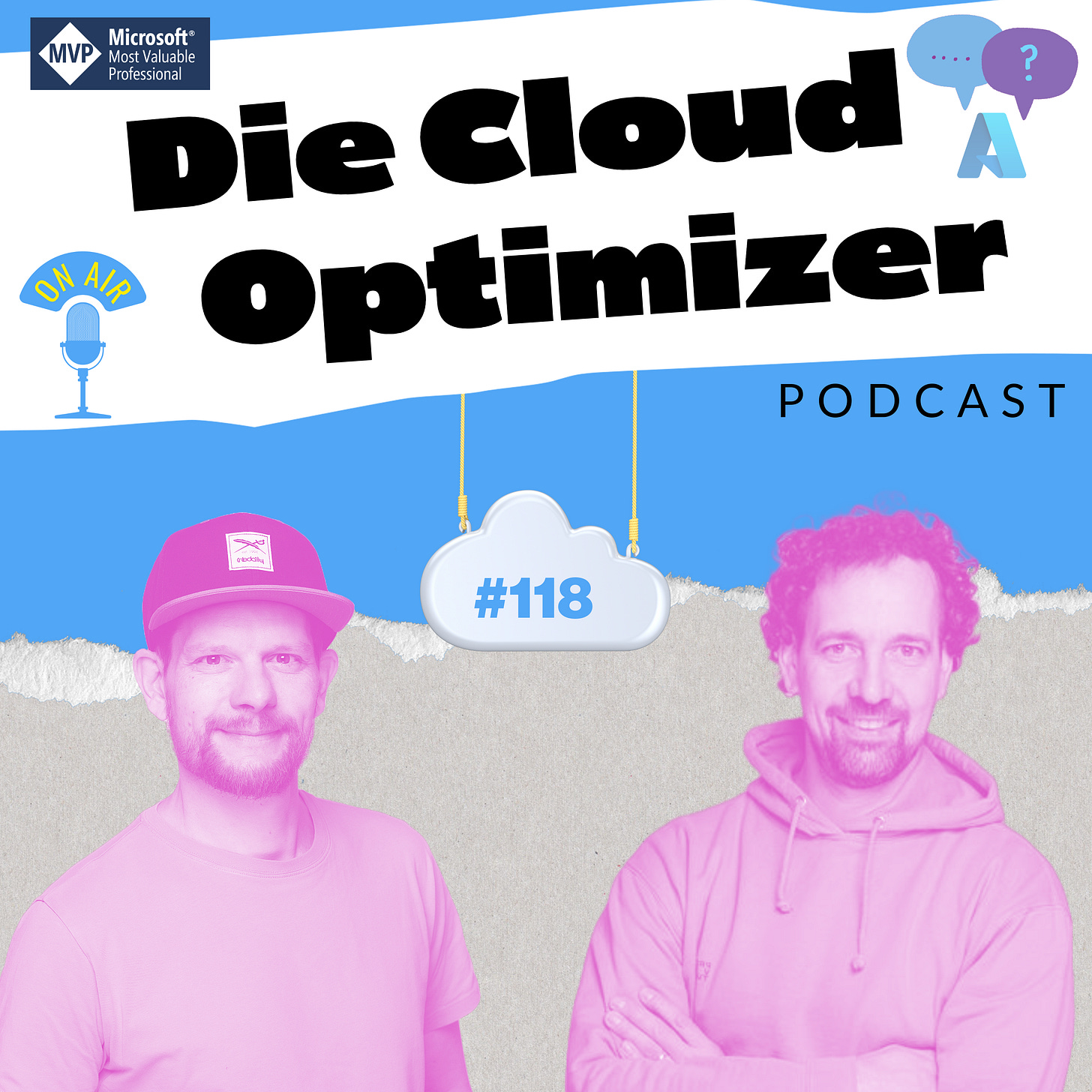 Podcast-Cover von *Die Cloud Optimizer*, Episode #118. Links im Bild Matthias mit Cap, rechts daneben Chris im Hoodie.
