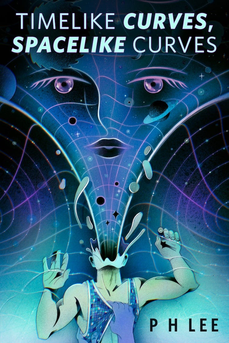 A man wearing a tank top, with his head split open. A grid of bent space is fountaining out of his head, with a woman's face in it.