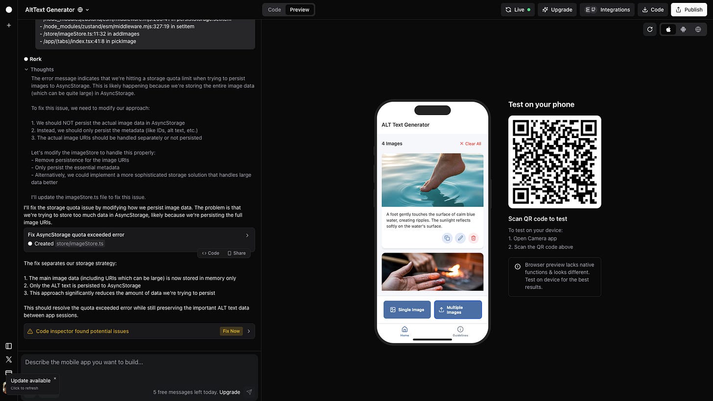 Screenshot of Rork coding an AI ALT Text Generator