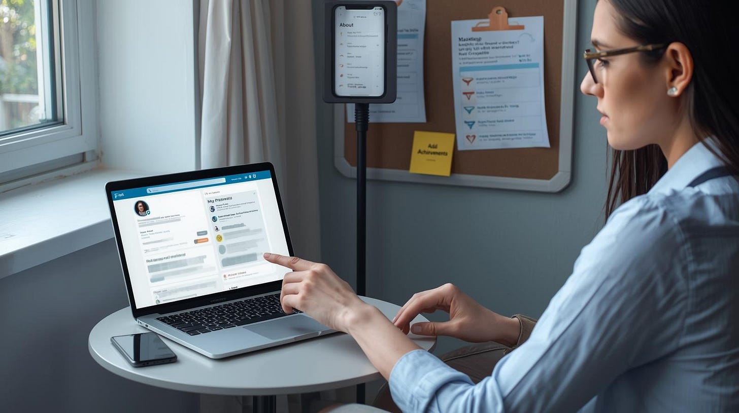 Job seeker looking at a faded LinkedIn profile with missing sections and no activity. Job seeker looking at a faded LinkedIn profile with missing sections and no activity.