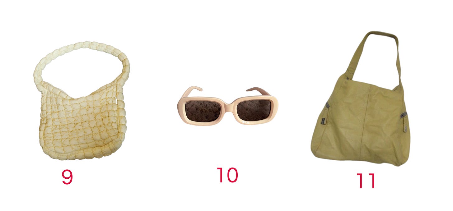 A quilted shoulder bag, rectangle sunglasses, an a big leather yellow tote bag