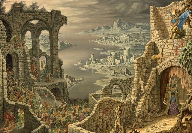 Johfra Bosschart, a 20th century surrealist with paintings like "The visit  to the forest with the human worms" : r/osr