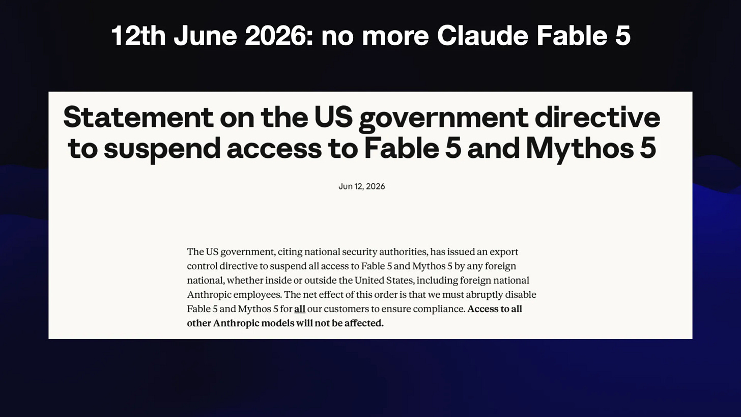 12th June 2026: no more Claude Fable 5

Anthropic website:

Statement on the US government directive
to suspend access to Fable 5 and Mythos 5
Jun 12, 2026
