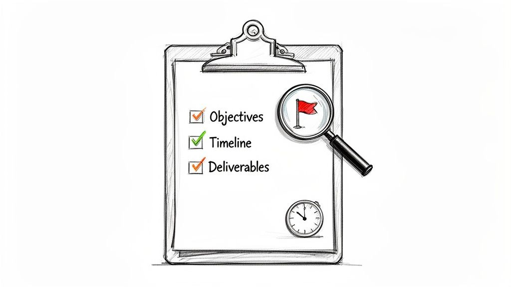 Clipboard with project planning checklist, objectives, timeline, deliverables, magnifying glass on red flag, and clock. Clipboard with project planning checklist, objectives, timeline, deliverables, magnifying glass on red flag, and clock.