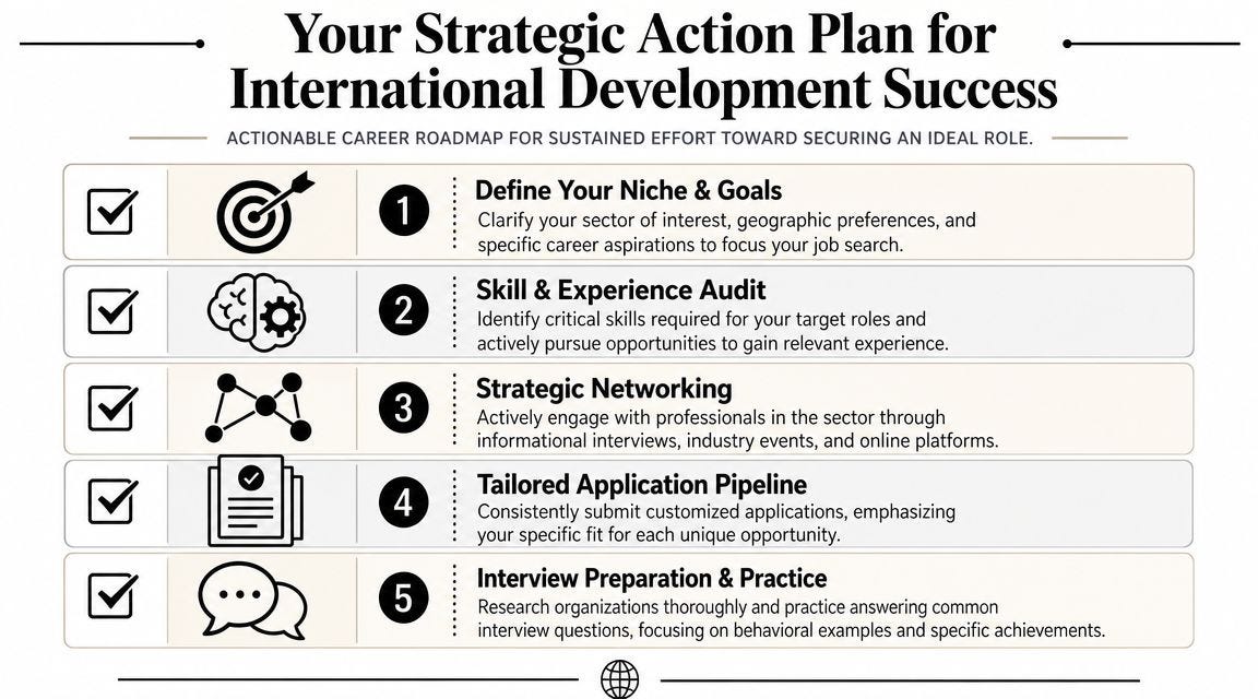A five-step strategic action plan infographic for building a successful career in international development. A five-step strategic action plan infographic for building a successful career in international development.