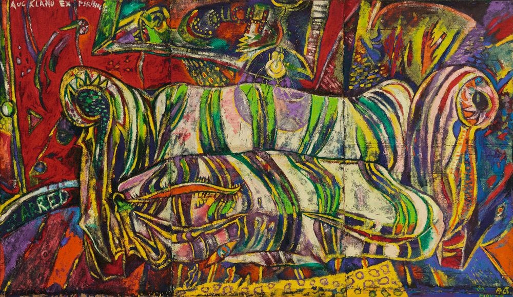 1978-0031-39; Scarred couch, the Auckland experience; 1978; Clairmont, Philip ; without frame; colour corrected 1978-0031-39; Scarred couch, the Auckland experience; 1978; Clairmont, Philip ; without frame; colour corrected