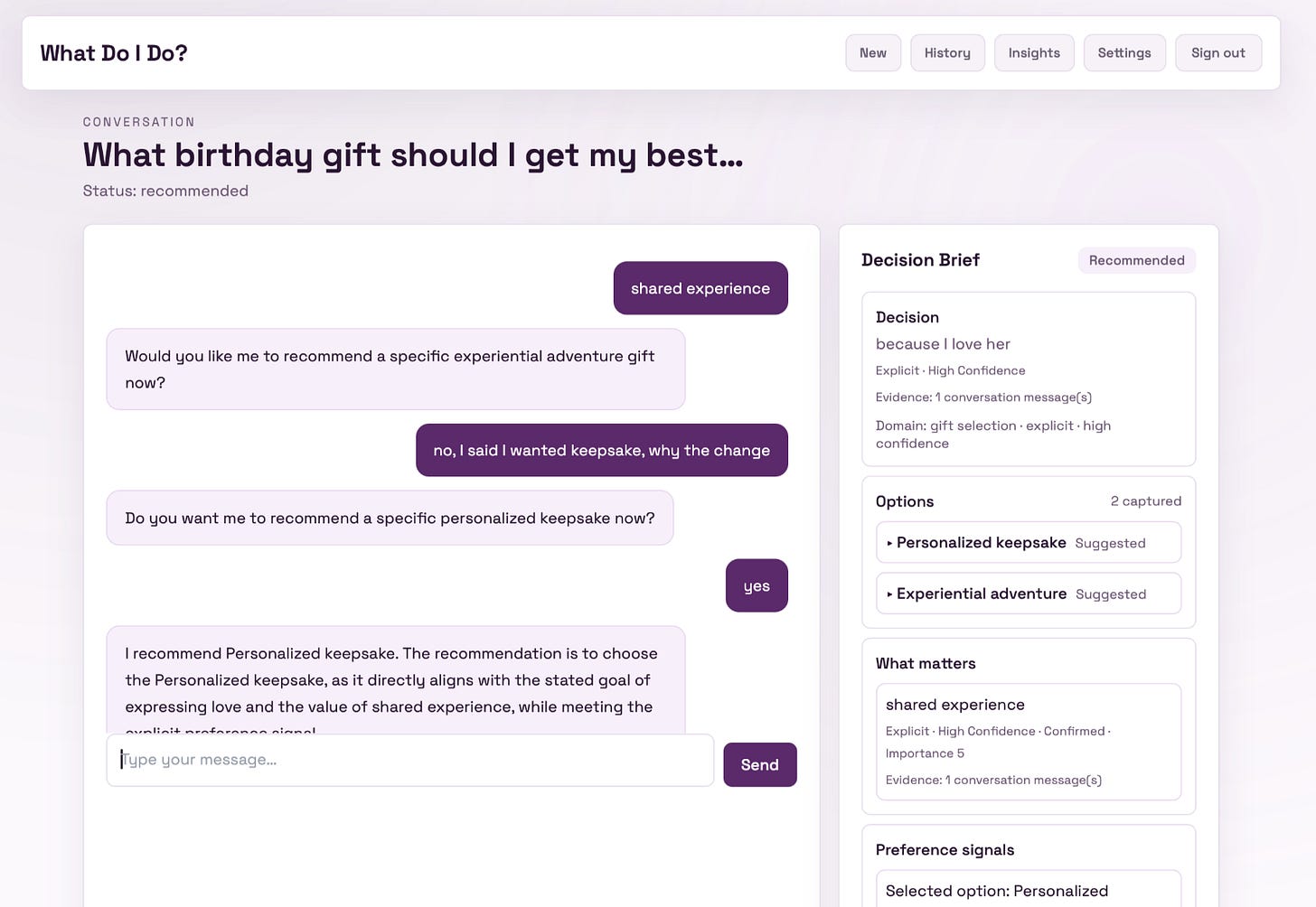 Screenshot of a conversation interface discussing birthday gift recommendations, featuring options for 'Personalized keepsake' and 'Experiential adventure,' with notes on decision brief and user preferences.