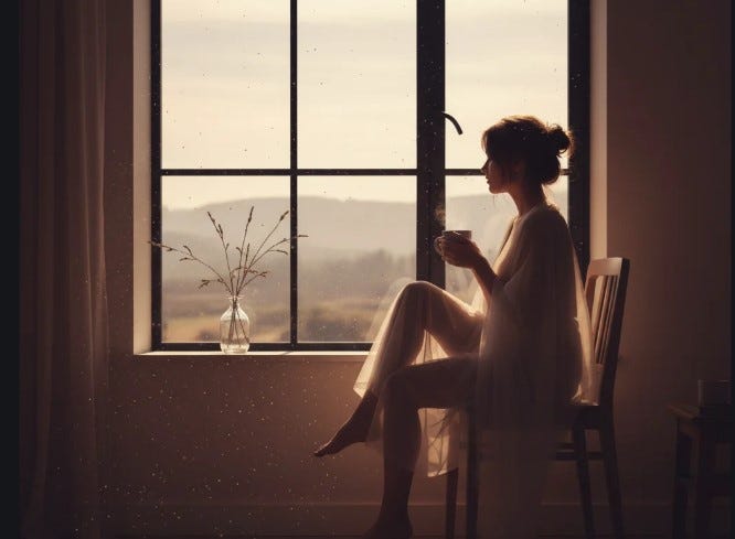 woman sitting by a window with a cup of coffee, reflecting on her life