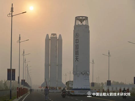 The Long March 8's first and second stages, as well as its fairing, with the satellite group inside, being prepared at Commercial Launch Pad 1 in April 2026.