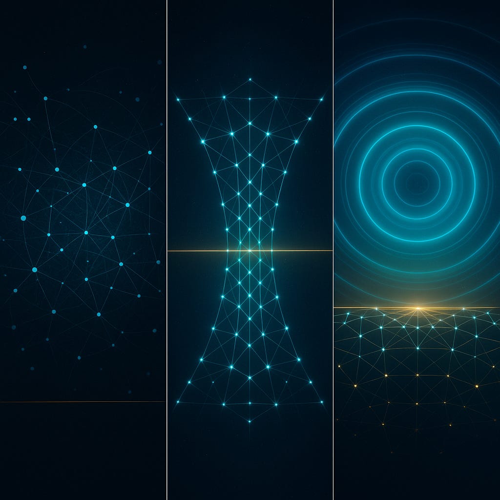 Three-panel artwork: left shows a tangled network of blue nodes, centre shows a symmetric hourglass lattice with a golden horizontal line, right shows expanding concentric rings above a network.