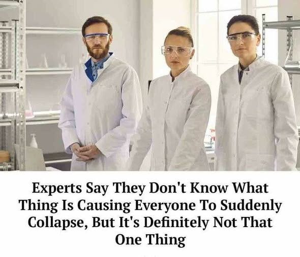 May be an image of text that says 'Experts Say They Don't Know What Thing Is Causing Everyone To Suddenly Collapse, But It's Definitely Not That One Thing'