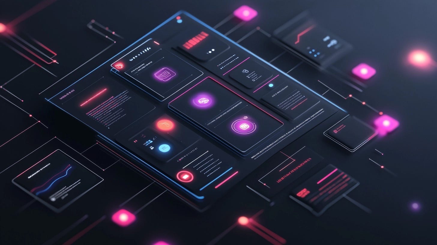 A futuristic digital interface with glowing UI components and data charts, connected by neon lines, representing structured component metadata in an agent-readable design system.