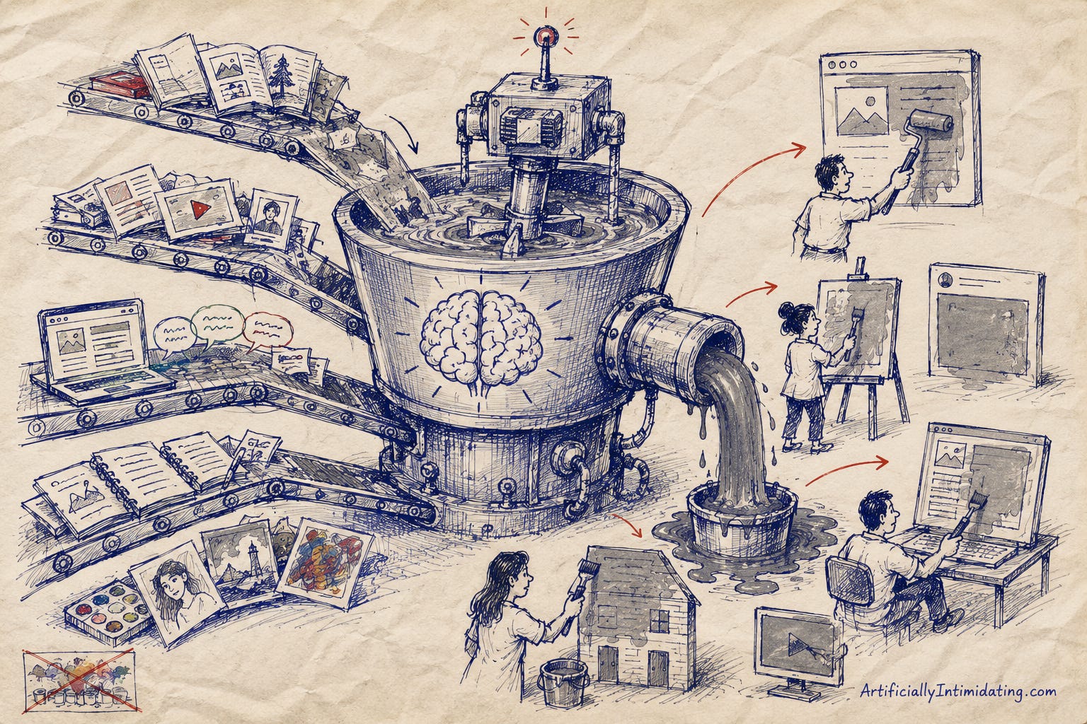 Hand-drawn editorial cartoon of a giant industrial paint mixer swallowing books, newspapers, websites, artwork, and blogs through separate conveyor belts, then pouring identical gray paint into a bucket as artists, writers, and website creators repaint everything the same color.As AI-generated content becomes more common, the web risks becoming increasingly uniform. This editorial cartoon imagines the internet as a giant paint mixer that blends diverse ideas into the same bucket of gray, leaving creators repainting everything with identical output.