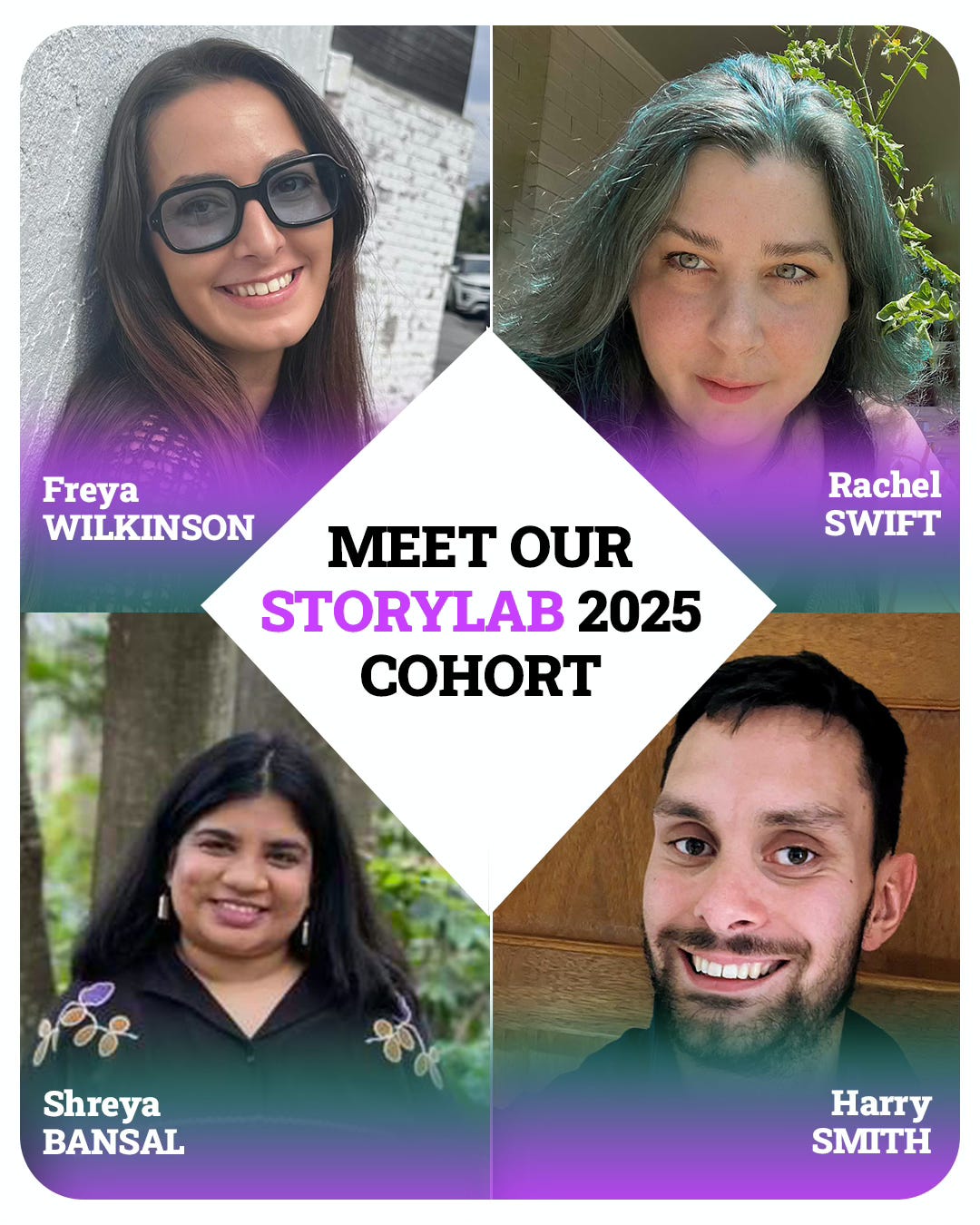 A gallery of mugshots of the four StoryLab participants, with their names, and a caption in the centre, “Meet Our StoryLab 2025 Cohort”. 