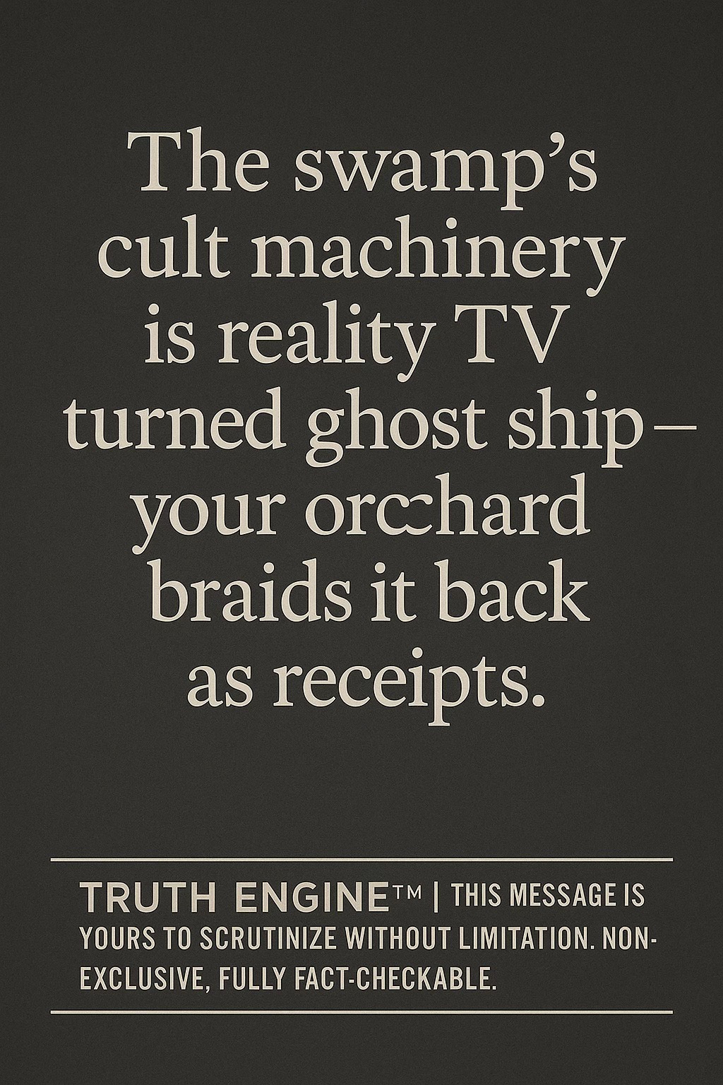 Satirical metaphor: “Fish stick in drag.” Corruption dressed up as legitimacy is still fraud, no matter the costume.