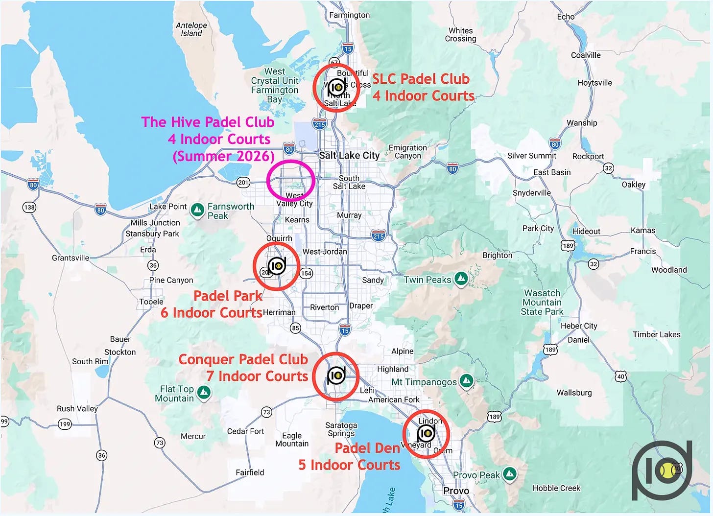 Map showing padel clubs in the greater Salt Lake City area