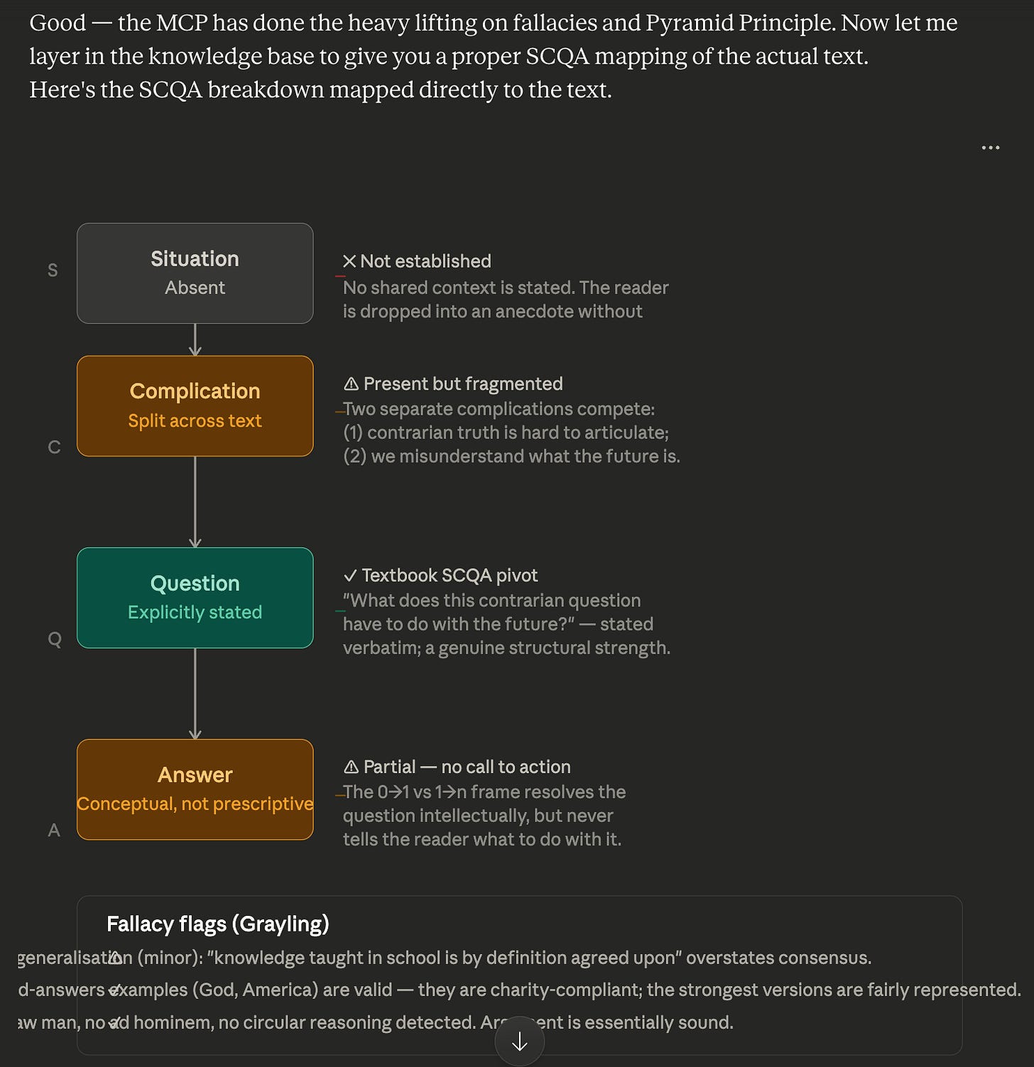 Screenshot of the copywriting-agency MCP in Claude Desktop analysing a seperate section of the same text as above. This is only performing a logic analysis.