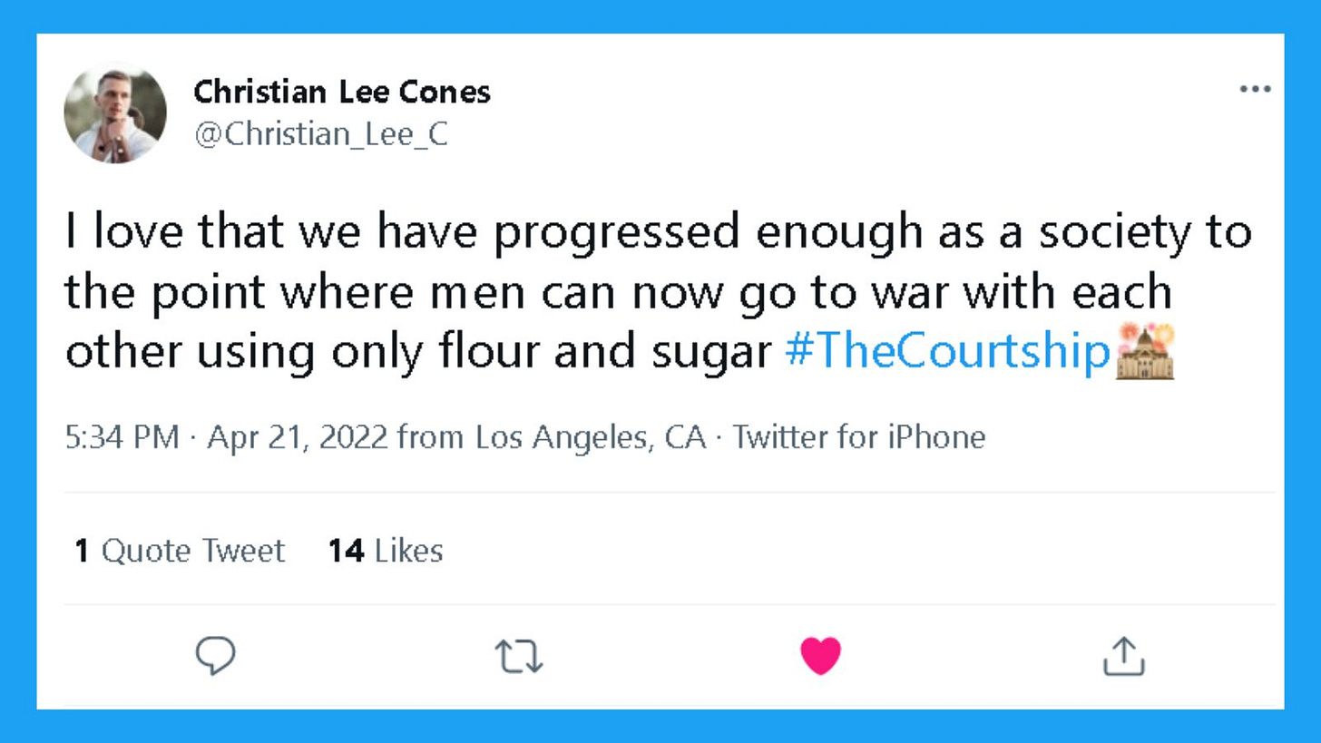 A tweet from Mr. Cones: "I love that we have progressed eough as a society to the point where men can now go to war with each other using only flour and sugar." A tweet from Mr. Cones: "I love that we have progressed eough as a society to the point where men can now go to war with each other using only flour and sugar."