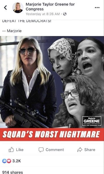 In this screengrab taken from an image posted on the Facebook feed of Marjorie Taylor Greene for Congress, Greene is seen posing with a rifle next to three Democratic House members. Facebook removed the photo illustration, saying Friday, Sept. 4, 2020, that it violated the social media platform's policy against inciting violence. (Facebook via AP) In this screengrab taken from an image posted on the Facebook feed of Marjorie Taylor Greene for Congress, Greene is seen posing with a rifle next to three Democratic House members. Facebook removed the photo illustration, saying Friday, Sept. 4, 2020, that it violated the social media platform's policy against inciting violence. (Facebook via AP)