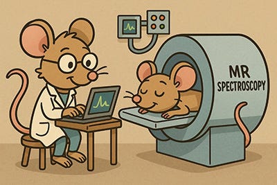 Cartoon mouse in labcoat oversees smaller mouse in MR spectroscopy machine Cartoon mouse in labcoat oversees smaller mouse in MR spectroscopy machine