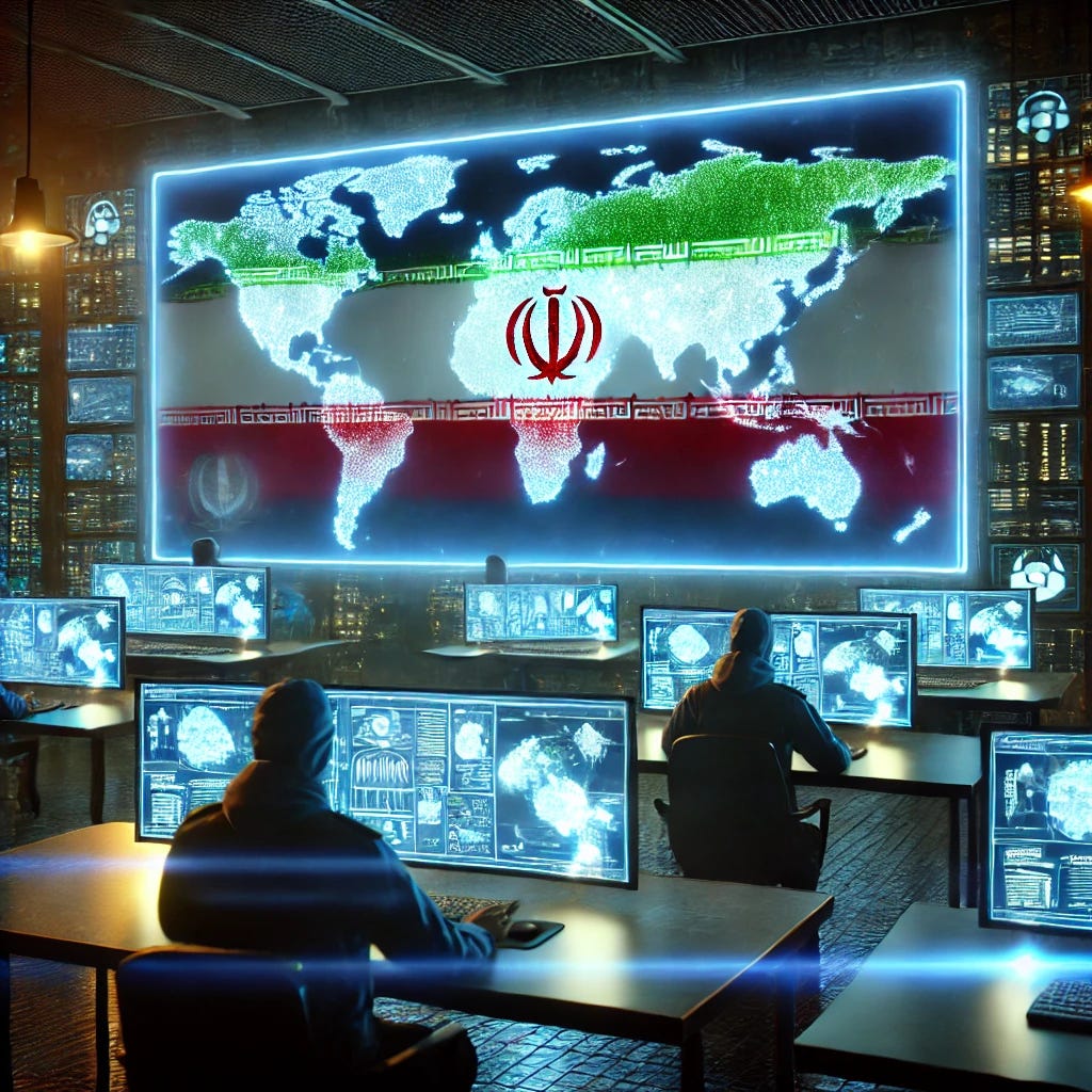 A high-resolution conceptual image of a cyber command center with Iranian flags displayed on monitors, symbolizing IRGC cyber operations. The scene includes a glowing digital map of the world, representing global cyber influence.