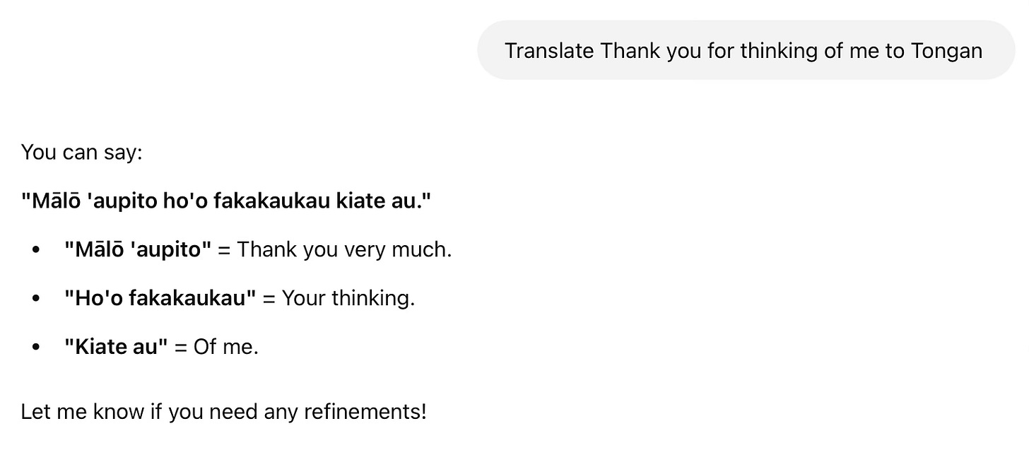 ChatGPT responding to a request to translate English to Tongan.