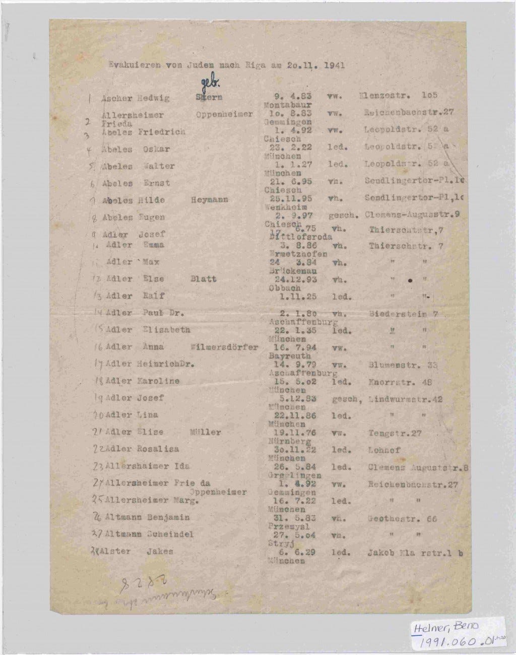 Typed deportation list with handwritten numbers in front of each name.