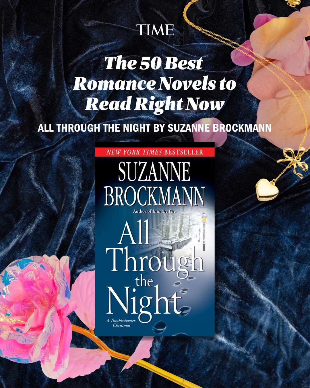Graphic that reads TIME, The 50 Best Romance Novels to Read Right Now, ALL THROUGH THE NIGHT by Suzanne Brockmann. The graphic features the book cover against a dark blue textured velvety draped fabric, with pink petals and a pink flower, including a small gold heart-shaped charm on a delicate gold chain necklace. The book cover features a wintery scene with footsteps on a snowy city sidewalk, in what's supposed to be Boston's historic South End, where Jules and Robin live.