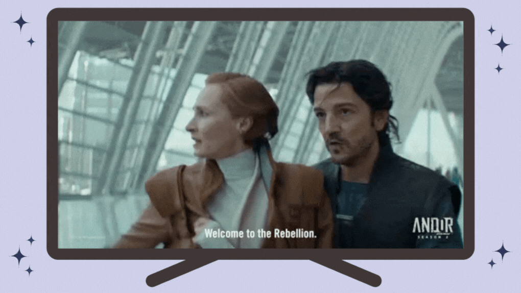 Clip from tv series Andor, Cassian Andor, escorting a frightened Sen. Mon Mothma out of the senate building (after killing someone), "Welcome to the Rebellion."