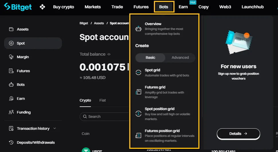 Screenshot of Bitget platform showing the menu bar with Trading Bots option highlighted for grid trading access