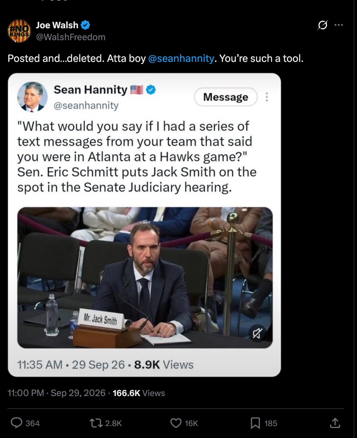 Joe Walsh: Posted and…deleted. Atta boy @seanhannity . You’re such a tool. (screengrab of Hannity post celebrating Schmitt's victory) Joe Walsh: Posted and…deleted. Atta boy @seanhannity . You’re such a tool. (screengrab of Hannity post celebrating Schmitt's victory)