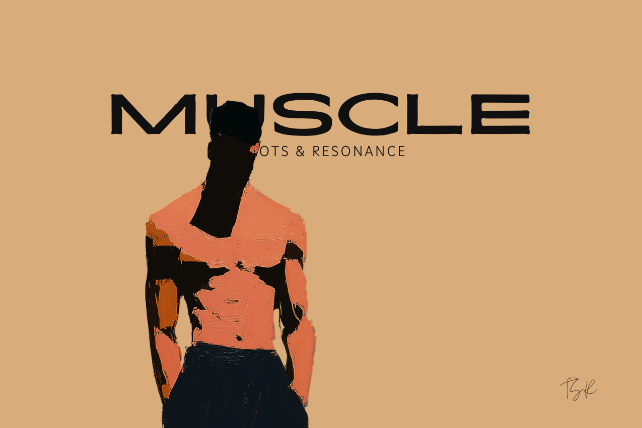 Cover image featuring a minimalist study of a human torso positioned beneath the centered keyword MUSCLE, set against a pale brown background. Part of the Roots & Resonance series at The Subtext Review.